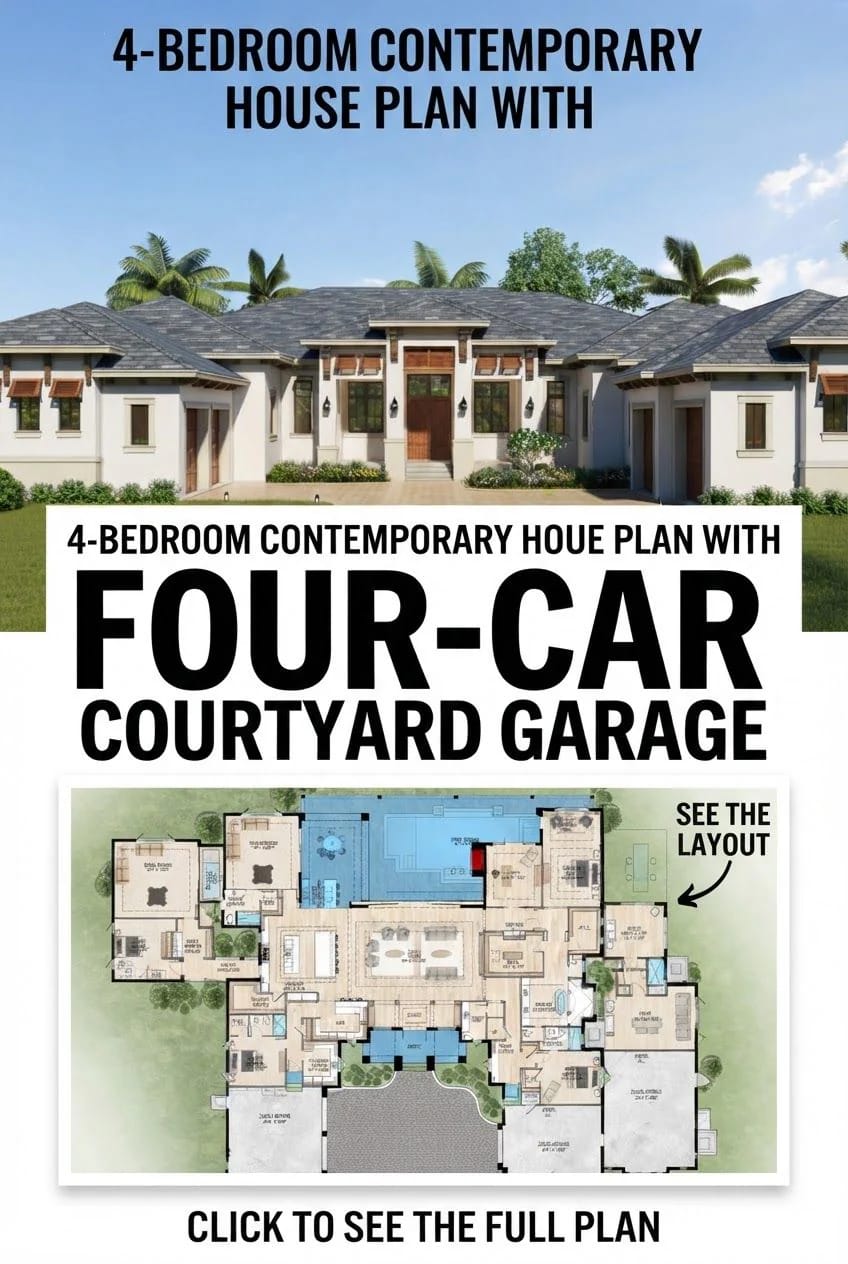 Promotional graphic for a 4-bedroom contemporary house plan showing a white single-story home with a central entry, broad rooflines, palm trees, and a floor plan inset highlighting the four-car courtyard garage layout