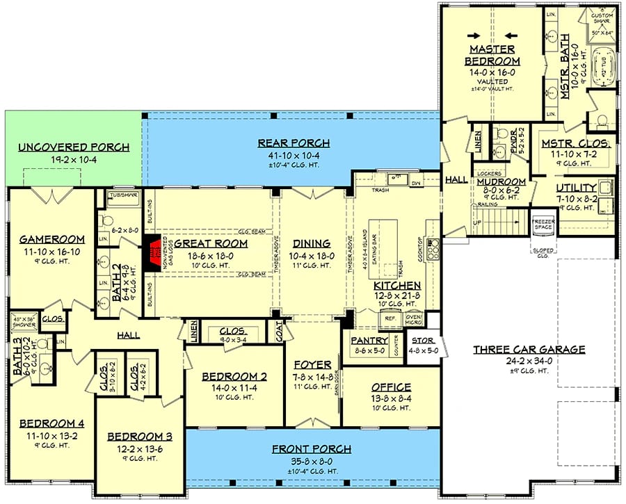 Labeled floor plan for a 4-bedroom modern farmhouse showing a master bedroom, three additional bedrooms, game room, great room, kitchen, dining area, office, bonus room, porches, and three-car garage.