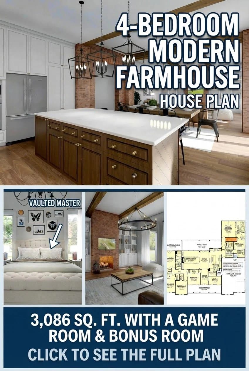 Modern farmhouse kitchen with a large wood island, white countertop, paneled cabinets, pendant lights, exposed beams, and brick walls, accompanied by bedroom, living room, and floor plan images for a 3,086-square-foot home with a game room and bonus room.
