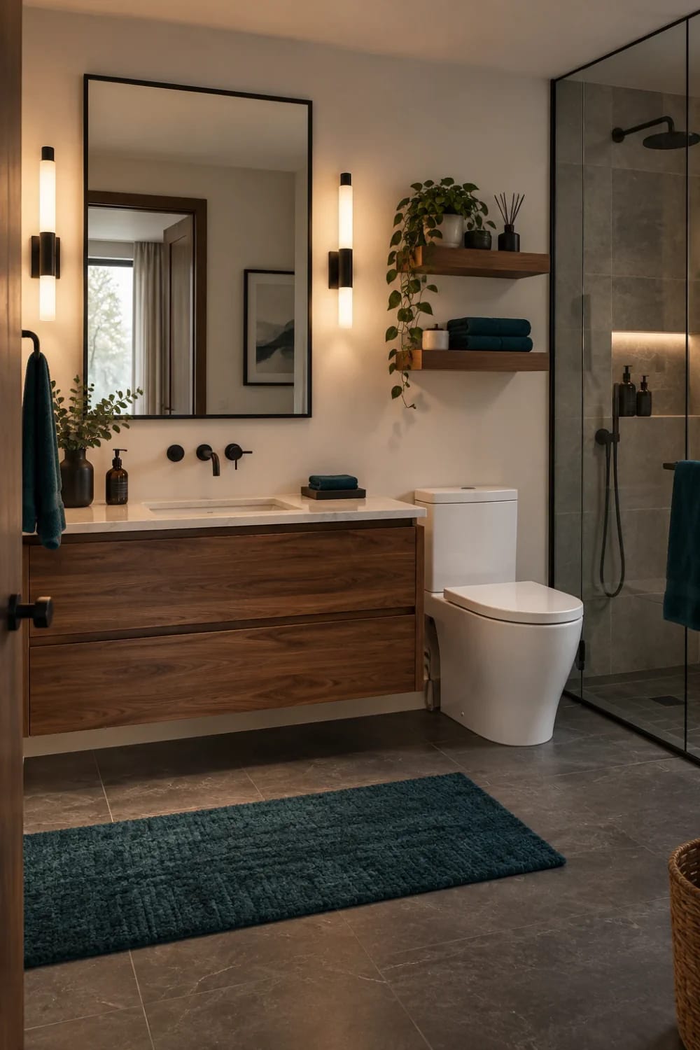 Bathroom Bathroom with smooth warm beige walls, dark gray stone-look floor tiles, a floating walnut vanity with a cream countertop and rectangular sink, a glass shower lined with gray stone tiles and black fixtures including a rainfall showerhead, dark teal t