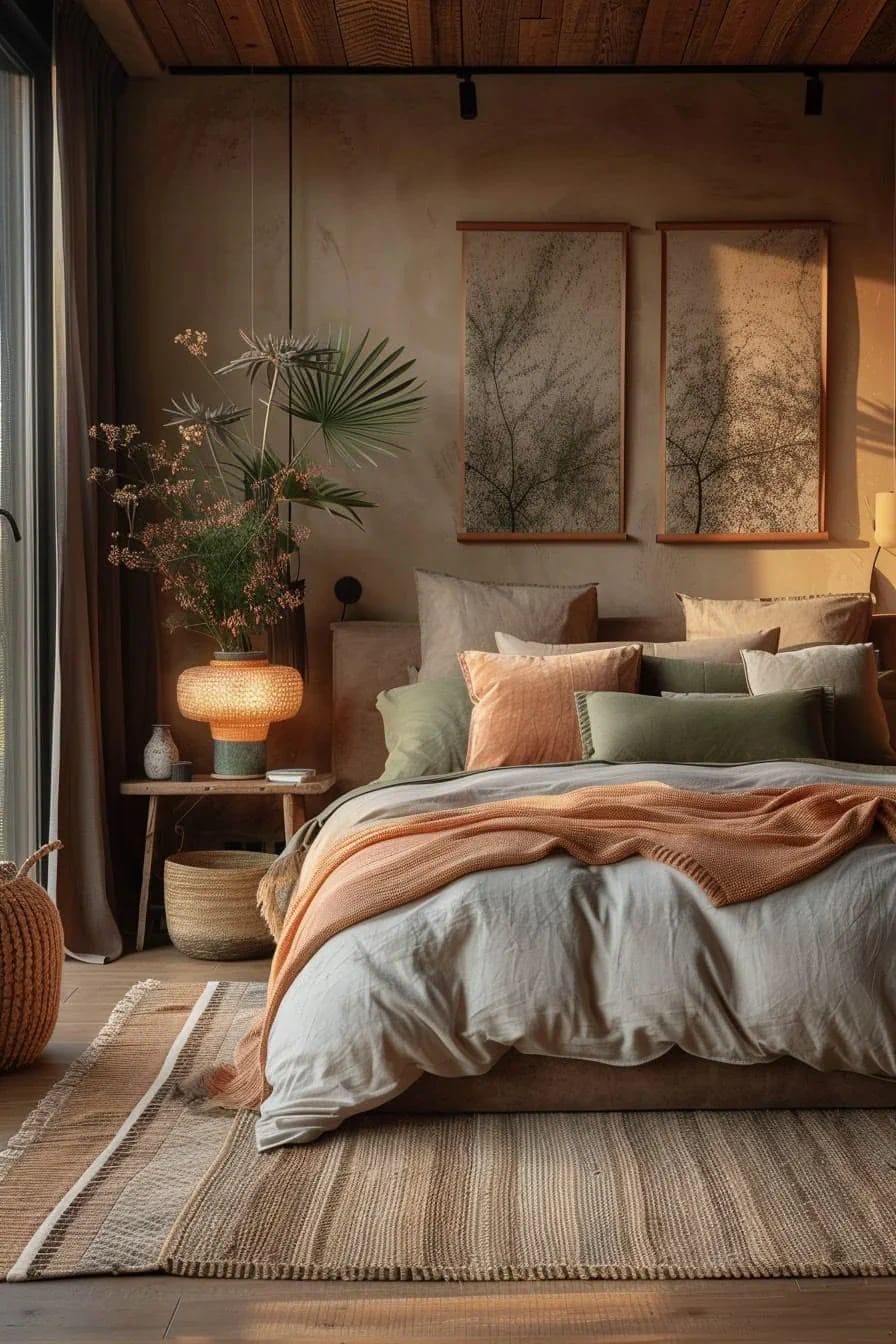 Bedroom Bedroom with warm beige plaster walls, a wooden slat ceiling, a bed in pale linen with olive and peach pillows and a rust throw, and two framed tree prints above the headboard