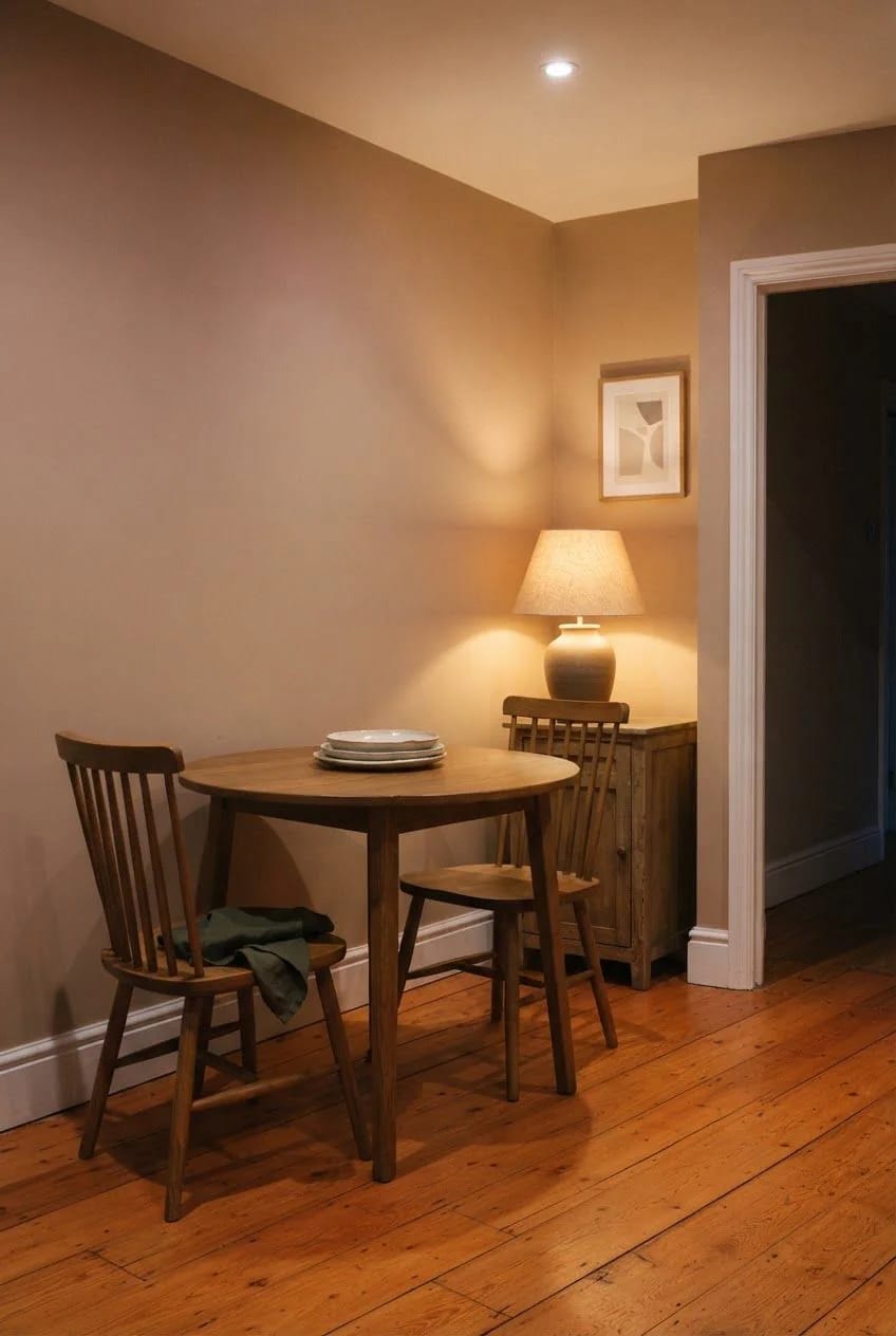 Warmly lit dining area with beige walls, a wooden table and chairs, a table lamp, framed artwork, and hardwood flooring, illustrating how beige paint can take on pink undertones