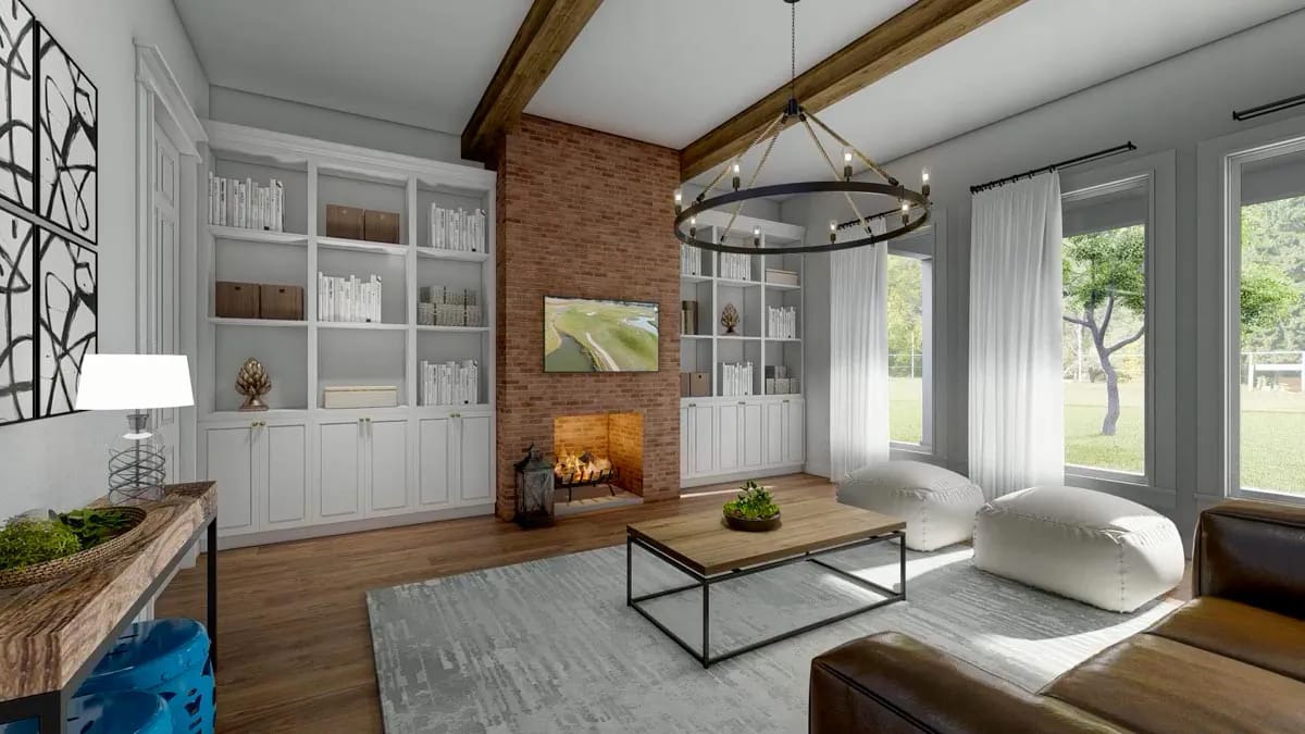 Bright living room with brick fireplace, white built-ins, exposed beams, tall windows, and contemporary furnishings