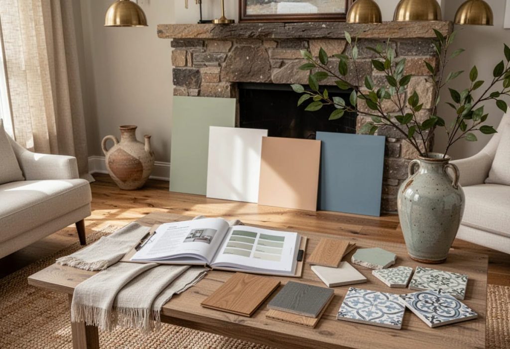 Lovely Harbor 27 Interior design scene showing paint color boards, wood flooring samples, stone tiles, fabric, and an open decorating book arranged on a coffee table beside a stone fireplace, illustrating how to work with a home's fixed elements