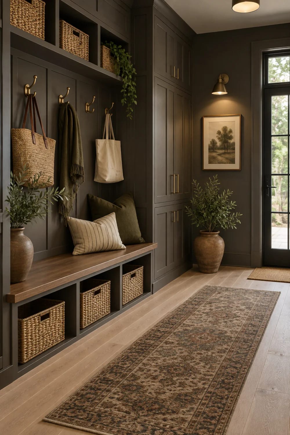 Deep Anchor Paint Colors For Dark Cabinets Entryway with deep charcoal-brown cabinets and wall paneling, dark wood bench, woven baskets, brass hooks, plants, and light wood flooring illustrating paint colors that work with dark cabinets