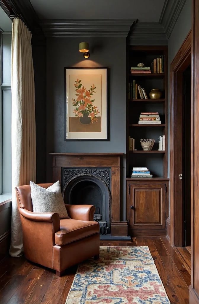 Deep Anchor Paint Colors For Dark Wood Cabinets Dark charcoal walls, trim, and ceiling surround a carved wood fireplace, built-in bookcase, and paneled door, with a leather armchair on hardwood flooring illustrating deep anchor paint colors for dark wood cabinets