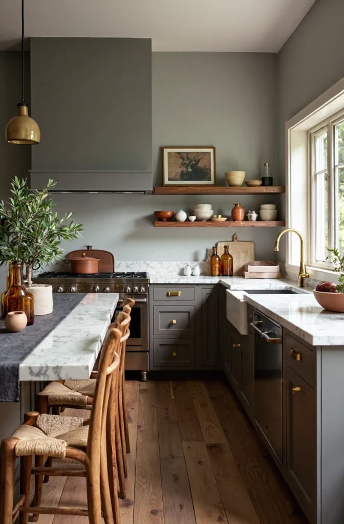Deep Anchors With Dark Wood Kitchen Cabinets Kitchen with deep gray-green walls, dark cabinets, warm wood floors, open wood shelves, marble countertops, a farmhouse sink, and a brass pendant light, illustrating paint colors that work with dark wood and cabinets