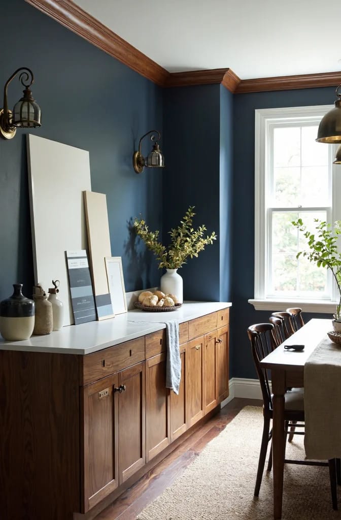 Deep Navy Paint With Dark Wood Cabinets Dining area with deep navy walls, dark wood crown molding, and warm wood cabinets beneath a white countertop, illustrating paint colors that work with dark wood and dark cabinets