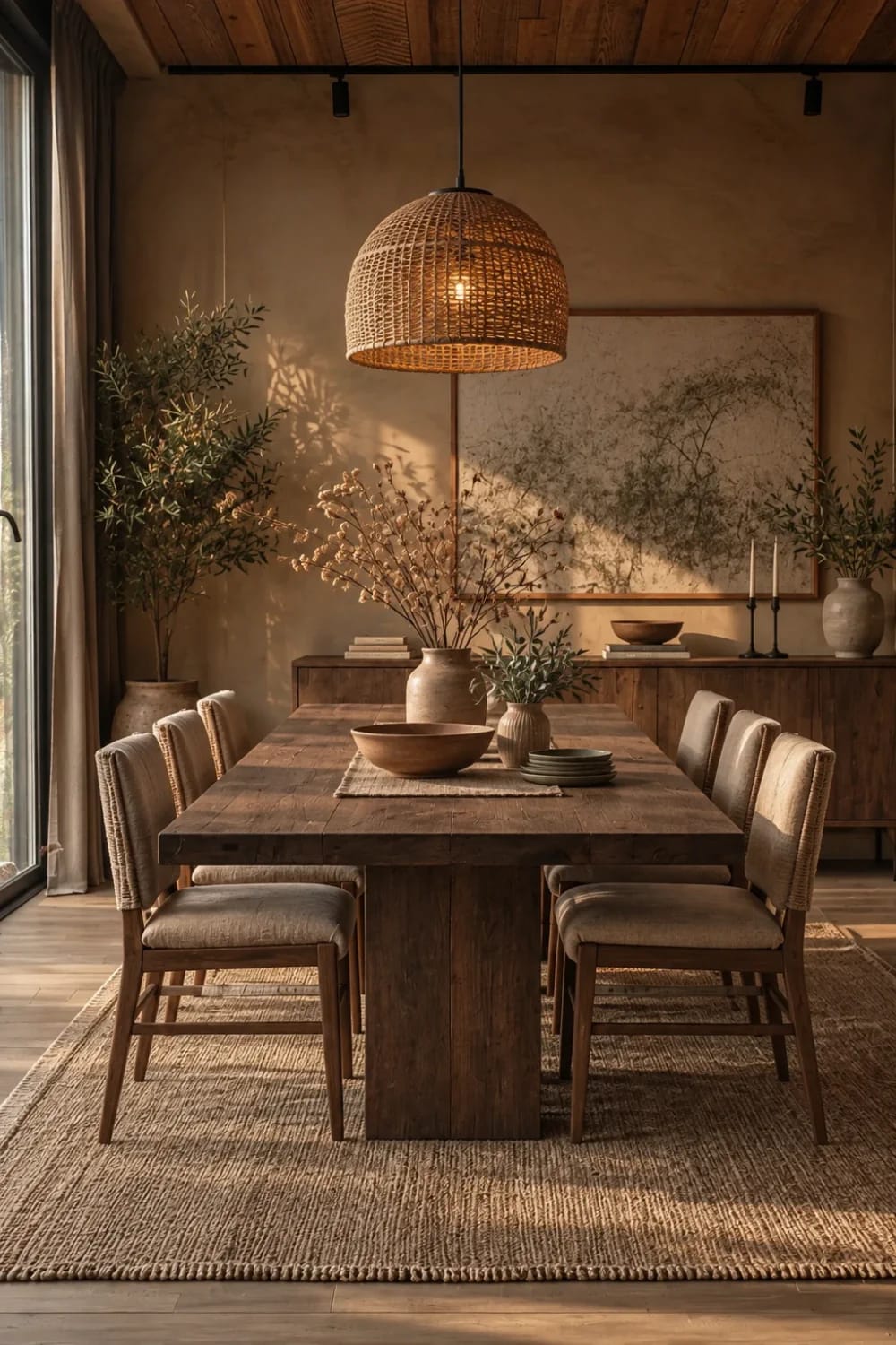 Dining room Dining room with warm brown plaster walls, an exposed wood board ceiling, a dark rustic wood table with cream upholstered chairs, a wooden sideboard with ceramics and branches, and a woven wicker pendant above the table