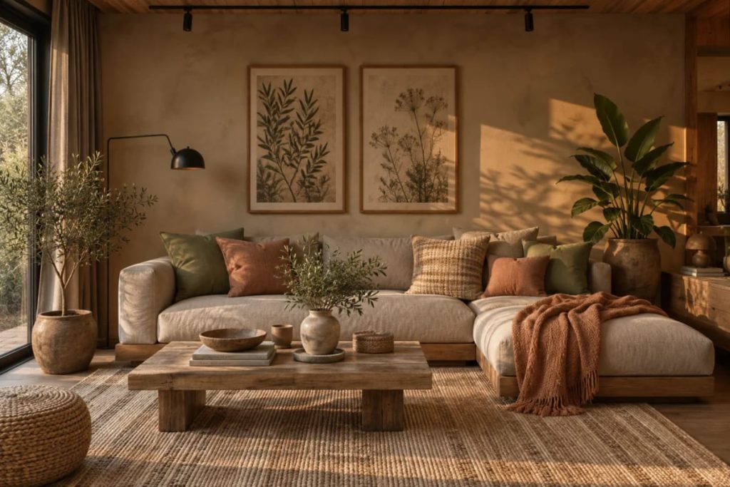 Living room featuring an earthy modern color palette with a beige sectional, warm brown walls, terracotta and olive pillows, wooden furnishings, framed botanical artwork, and potted plants