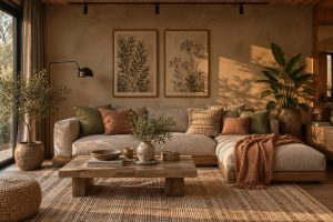 Living room featuring an earthy modern color palette with a beige sectional, warm brown walls, terracotta and olive pillows, wooden furnishings, framed botanical artwork, and potted plants