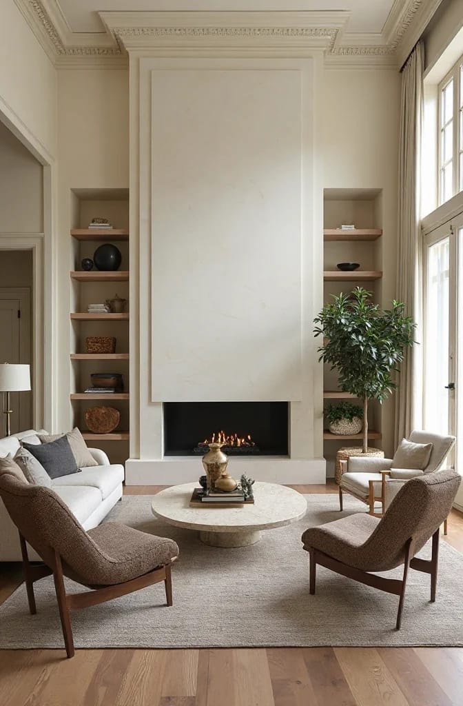 Elegant living room with ornate ceiling molding, a tall paneled fireplace, built-in wood shelves, neutral seating, a round coffee table, a potted tree, and large windows, illustrating rich living room ideas that start with the envelope