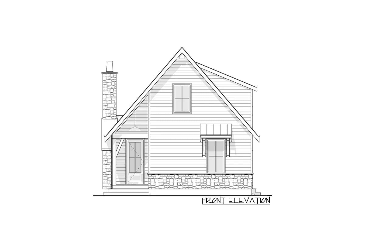 Front elevation drawing of a steep-gabled cottage with stone base, chimney, siding, and recessed entry Front elevation drawing of a steep-gabled cottage with stone base, chimney, siding, and recessed entry