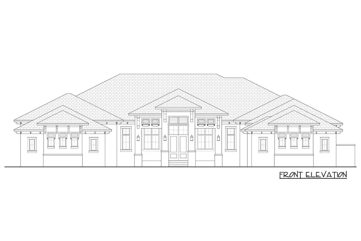 Front elevation drawing of a symmetrical single-story home with a central columned entry and layered rooflines