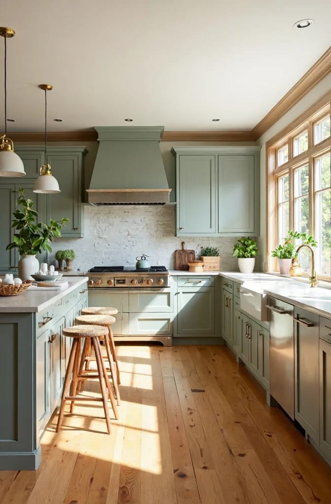 Green Paint Colors With Warm Wood Floors Bright kitchen with muted green cabinets, matching range hood, white brick backsplash, natural wood trim, and warm wood floors illustrating paint colors that cool orange wood tones