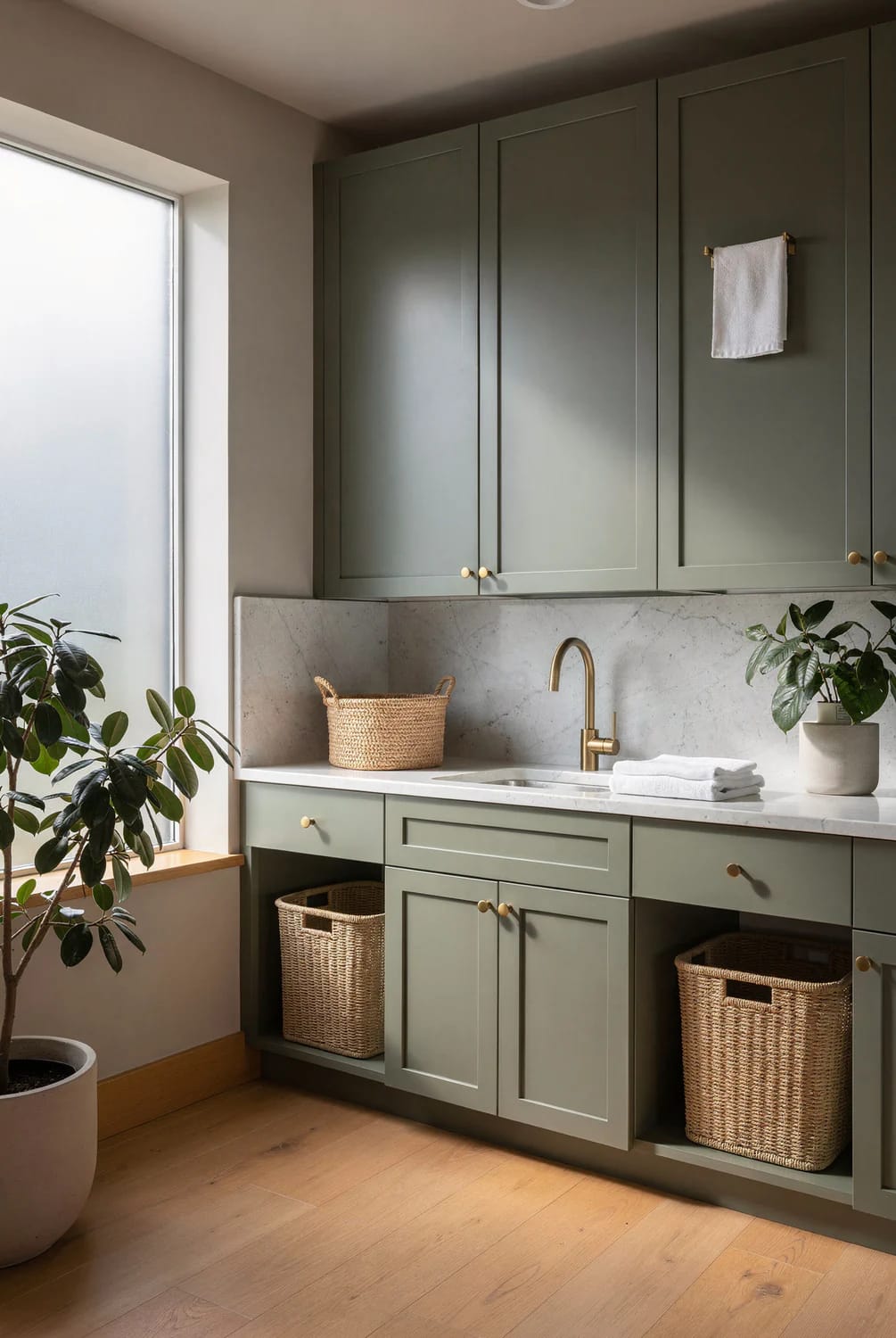Green Paint With Warm Wood Floors And Cabinets Green-painted lower and upper cabinets paired with warm wood flooring, a light stone countertop, woven baskets, a sink, and plants in a bright kitchen