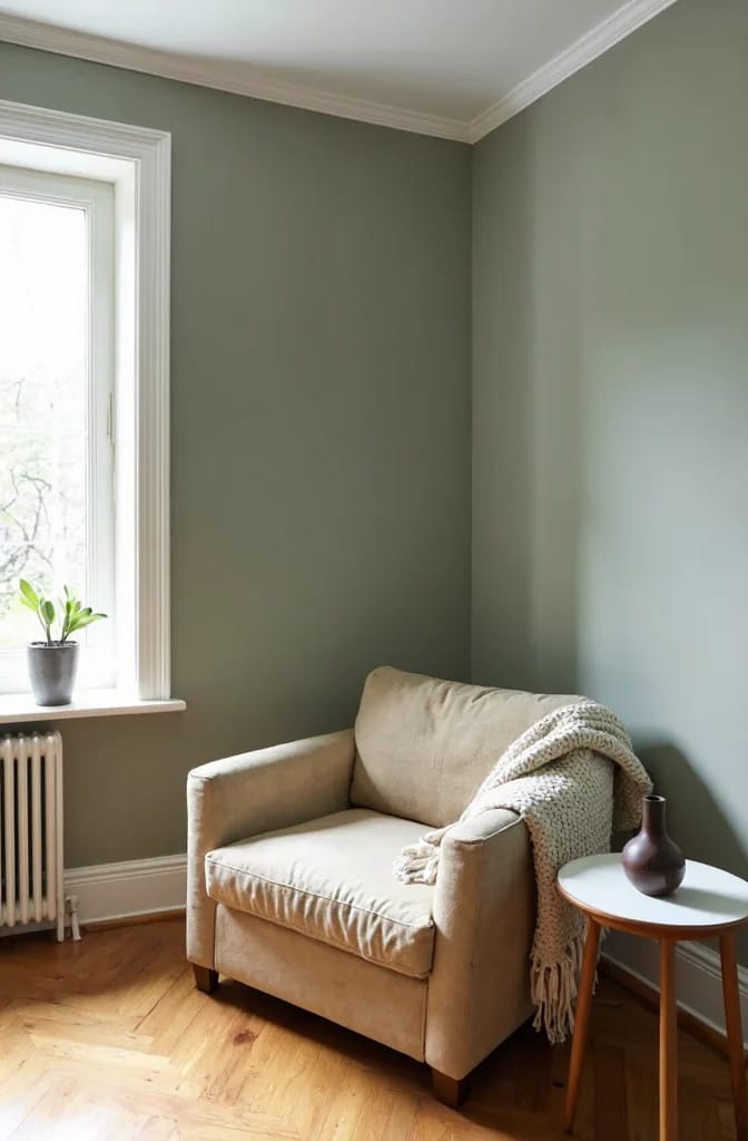 Green Paint With Warm Wood Floors Sunlit reading corner with muted green walls, white trim, a beige armchair, hardwood flooring, a small round table, and a potted plant, illustrating paint colors that cool orange-toned wood floors
