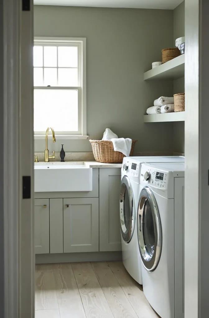 Green Paint With Wood Floors And Cabinets Laundry room with muted green walls and cabinets, pale wood flooring, white sink, open shelves, and a white washer and dryer, illustrating paint colors that work with wood floors, trim, and cabinets