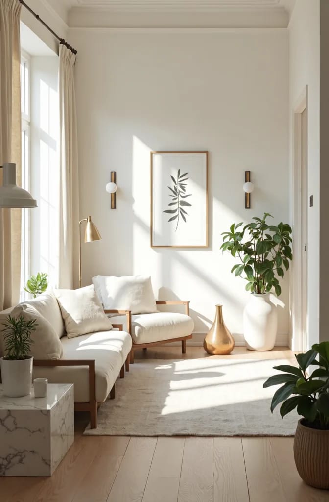 High LRV White Paint In A Bright Living Room Bright living room with high LRV white walls, tall windows, cream curtains, white seating, plants, framed botanical artwork, and sunlight casting shadows across the rug and floor