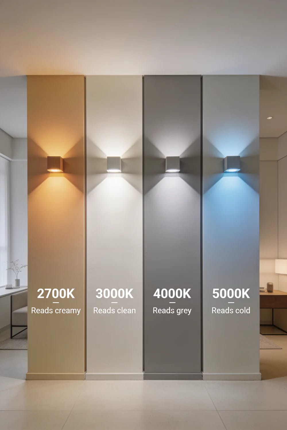 How Light Bulbs Change Paint Colors Four painted wall panels lit by 2700K, 3000K, 4000K, and 5000K bulbs, showing colors appearing creamy, clean, grey, and cold.
