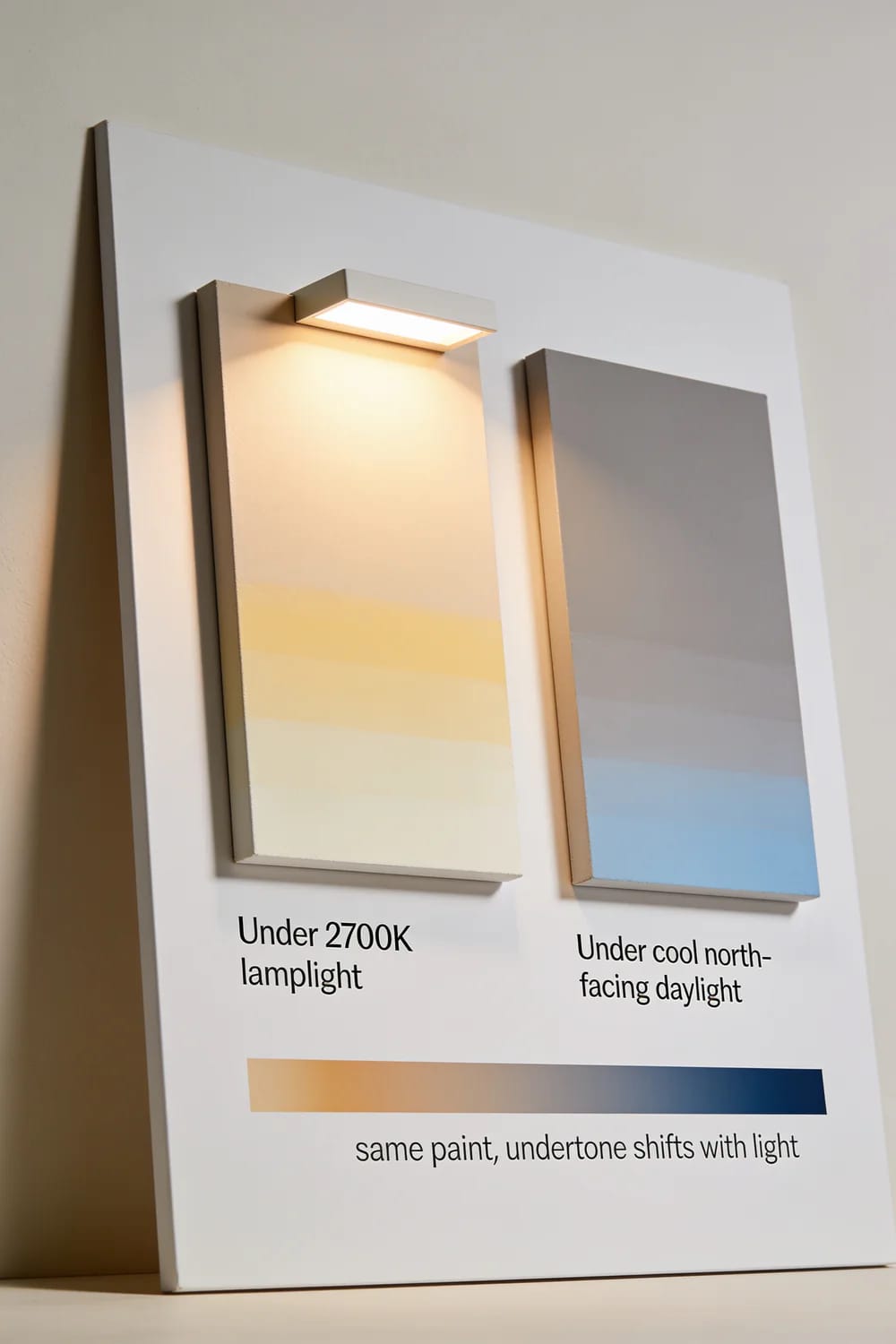 How Lighting Changes Paint Colors Paint color comparison board showing the same paint under 2700K lamplight and cool north-facing daylight, with a gradient illustrating how the undertone shifts with light