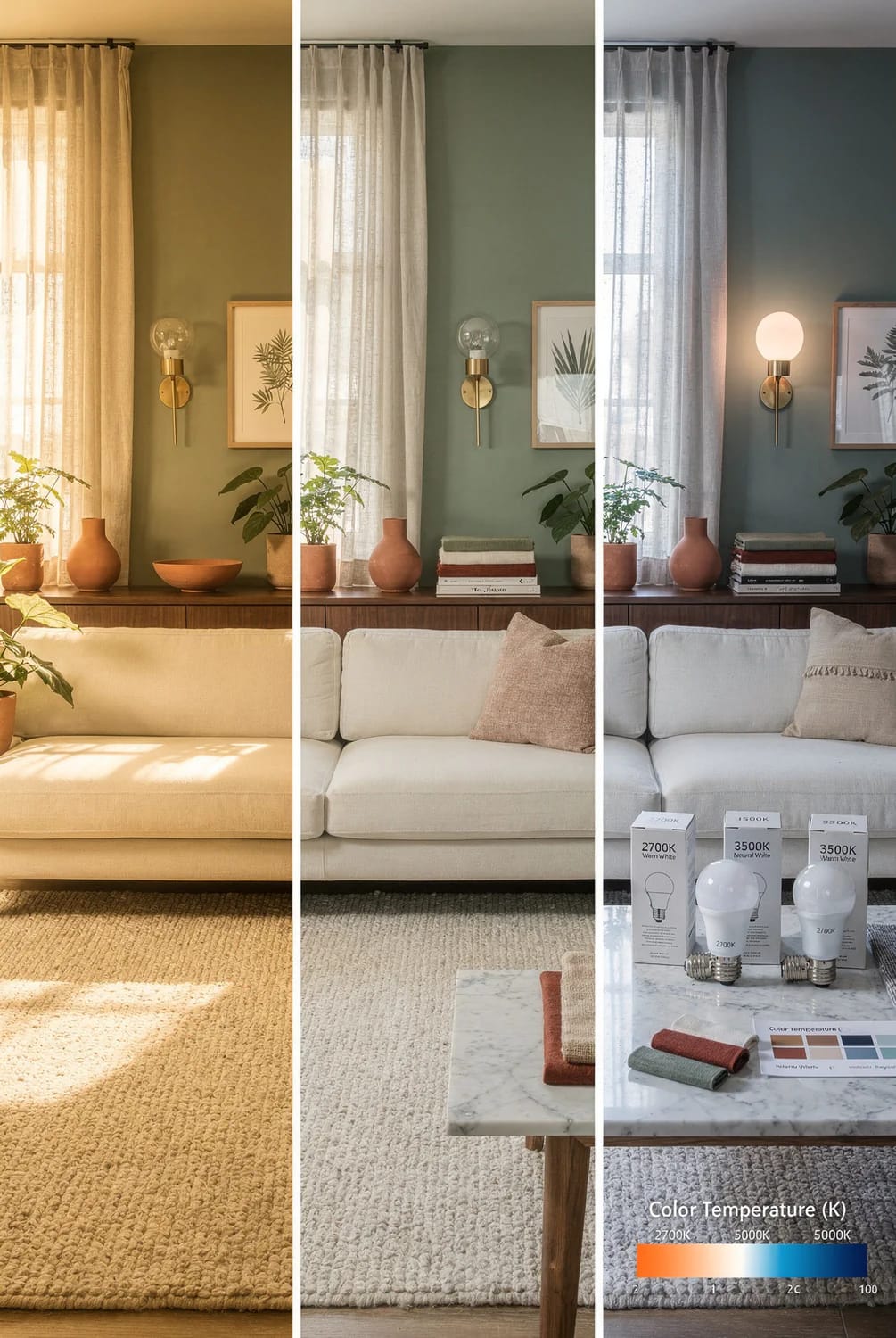 How Lighting Changes Paint Colors Three side-by-side views of the same living room show paint colors changing under warm sunlight, neutral light, and cooler bulbs, with light bulb packages and a color temperature scale visible in the right panel