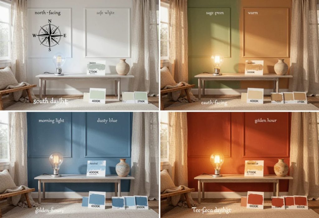 Four-panel room comparison showing paint colors changing under different room orientations, daylight conditions, and light bulbs, with sample cards labeled by color temperature such as 2700K, 4000K, and 6500K