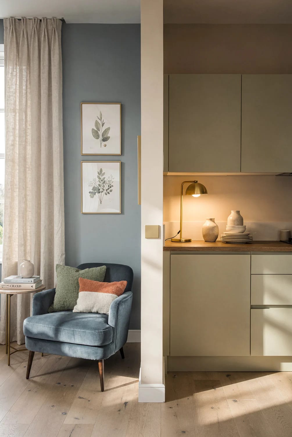 How Lighting Changes Paint Colors In Two Rooms Adjoining rooms show how lighting changes paint colors: a blue-gray wall beside a warm beige kitchen, with daylight from a window on the left and a glowing table lamp on the right.