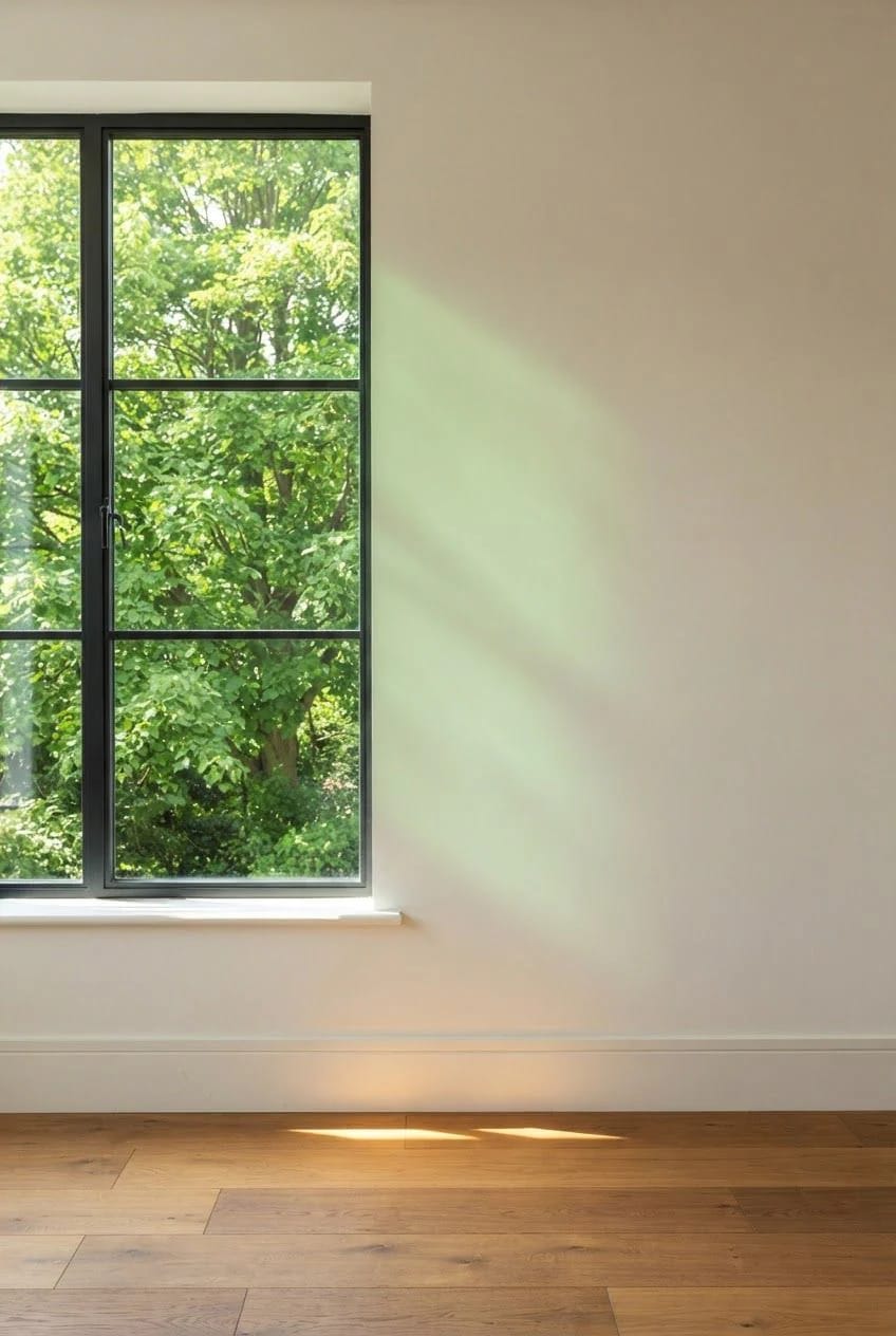 How Lighting Changes Paint Colors Through A Window Empty room with a black-framed window, leafy trees outside, and sunlight casting greenish reflections across a beige-painted wall and hardwood floor, illustrating how lighting changes paint colors