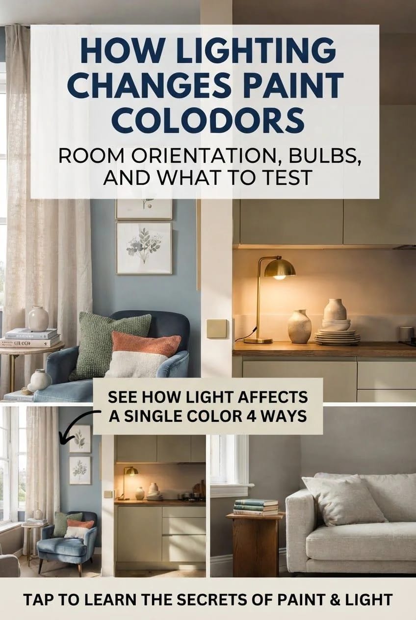 How Lighting Changes Paint Colors Graphic about how lighting changes paint colors, showing a blue armchair room and a warm-lit kitchen alongside smaller room images illustrating different lighting conditions.