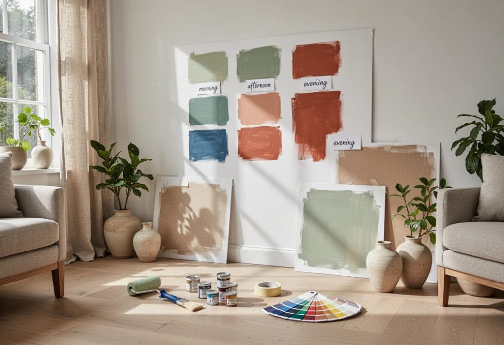 Room with large boards showing multiple paint color swatches labeled morning, afternoon, and evening, plus paint cans, a roller, brush, and color fan arranged on the floor for testing paint colors before buying