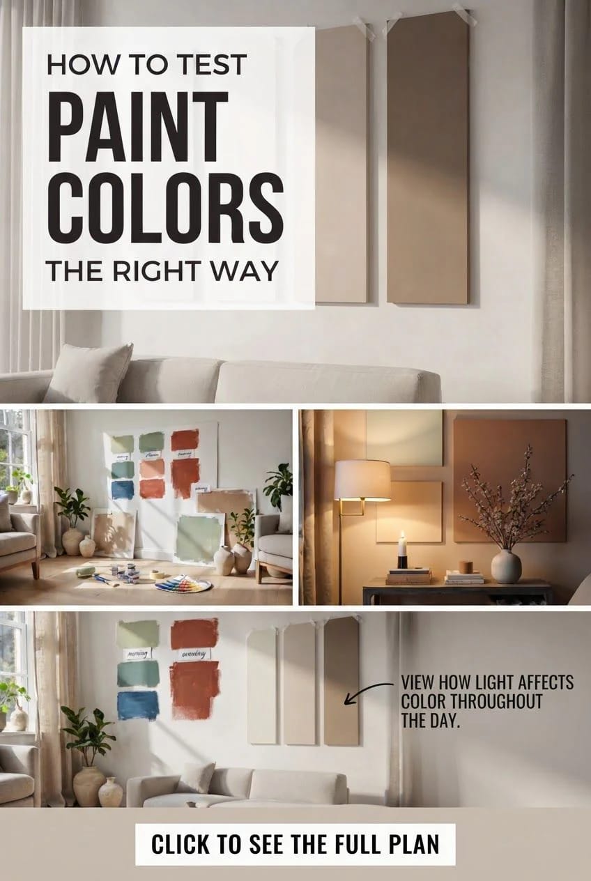 How To Test Paint Colors The Right Way Collage showing painted color samples in a living room under different lighting, with swatches, furniture, and text about testing paint colors and observing how light affects color throughout the day