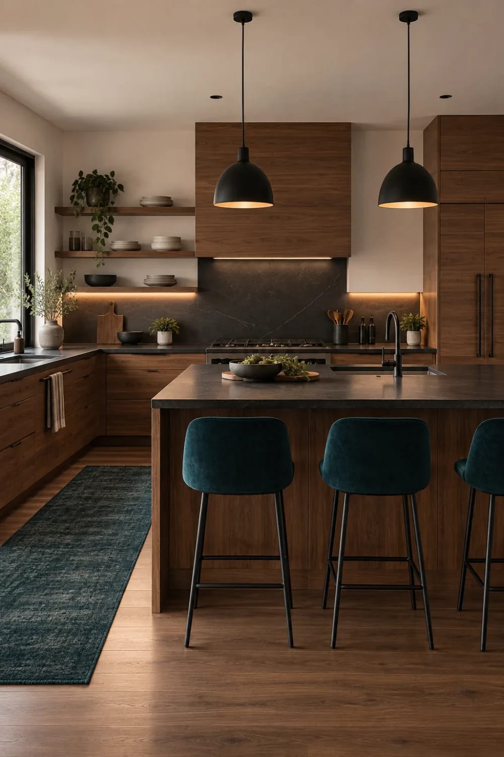 Kitchen Kitchen with creamy off-white walls, warm medium-brown wood cabinetry and island panels, a dark charcoal stone backsplash and countertop, a dark blue-green patterned runner, black pendant lights and faucet, and three stools with dark teal upholstered