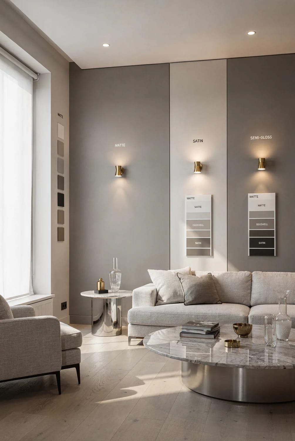 Lighting Changes Paint Colors In A Living Room Living room with gray walls displaying matte, satin, and semi-gloss paint samples under daylight from a window and warm wall sconces, illustrating how lighting changes paint colors.