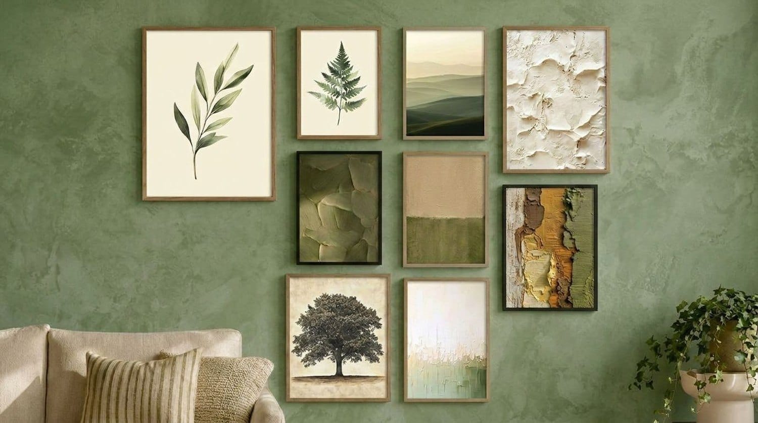 One way to hang the eight prints above a sofa or bed