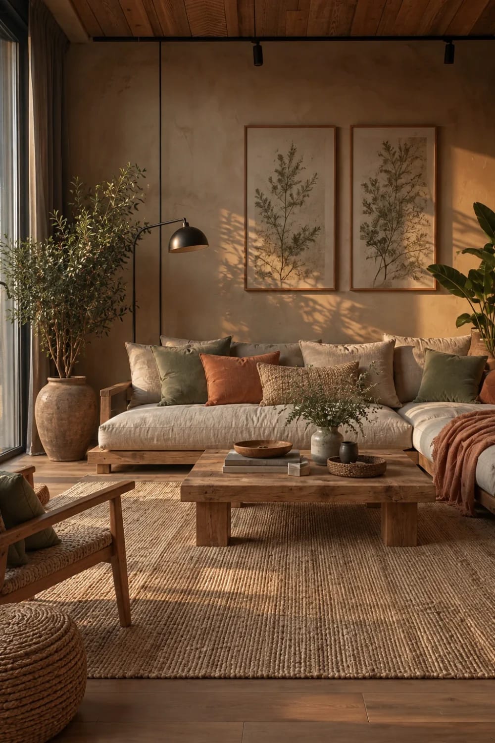 Living room Living room with warm brown plaster walls, an exposed wood board ceiling, a cream sectional, a wooden armchair, olive and terracotta cushions, a rust throw, botanical prints and a black floor lamp