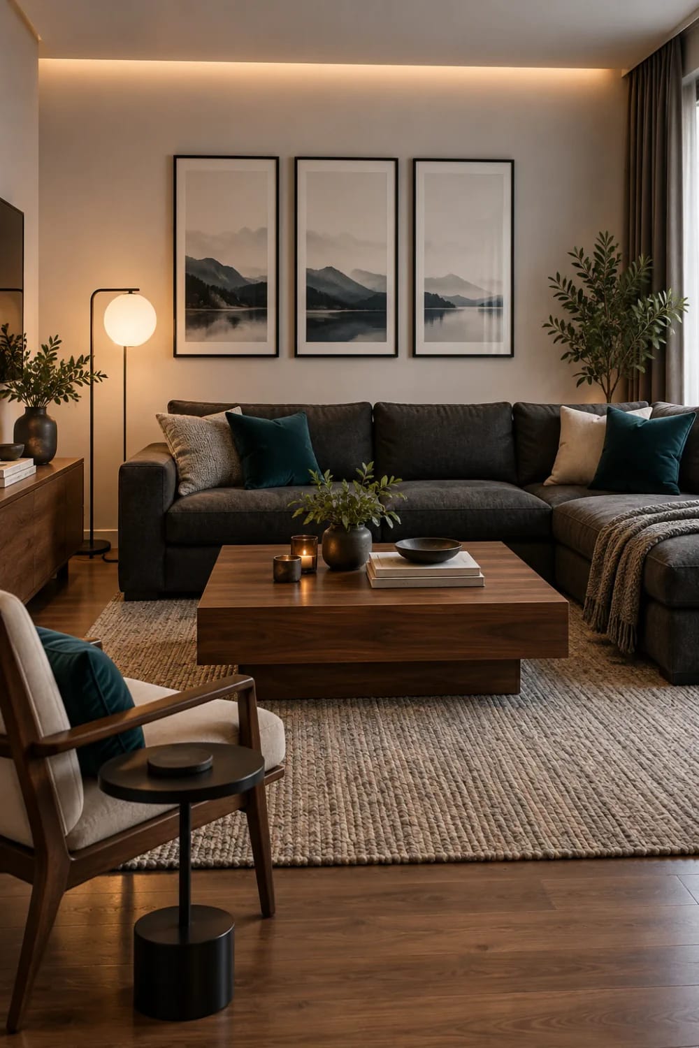 Living room Living room with creamy off-white walls, a large beige textured rug on warm brown wood floor, a charcoal sectional with cream, gray and deep teal cushions, dark walnut coffee table and sideboard, a wooden-framed armchair, a black floor lamp, framed m