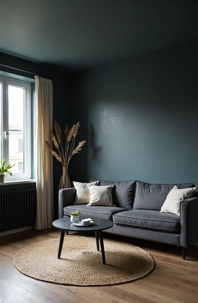 Low LRV Dark Paint Living Room Living room with very dark blue-gray walls, a matching sofa, a window with cream curtains, a vase of dried grasses, and a round rug, illustrating the impact of low LRV paint.
