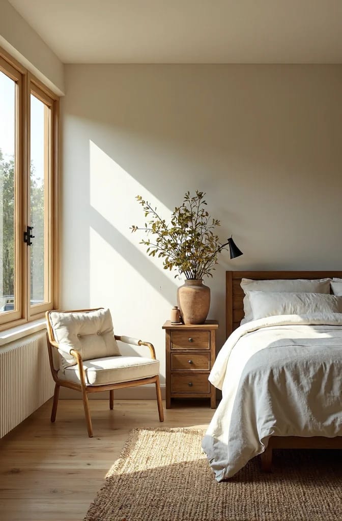 LRV 60 Bedroom Paint In Natural Light Sunlight enters a bedroom through a large window, creating bright geometric patches on a light wall beside a bed, wooden nightstand, upholstered chair, and potted branches, illustrating how LRV 60 paint can look different in a room