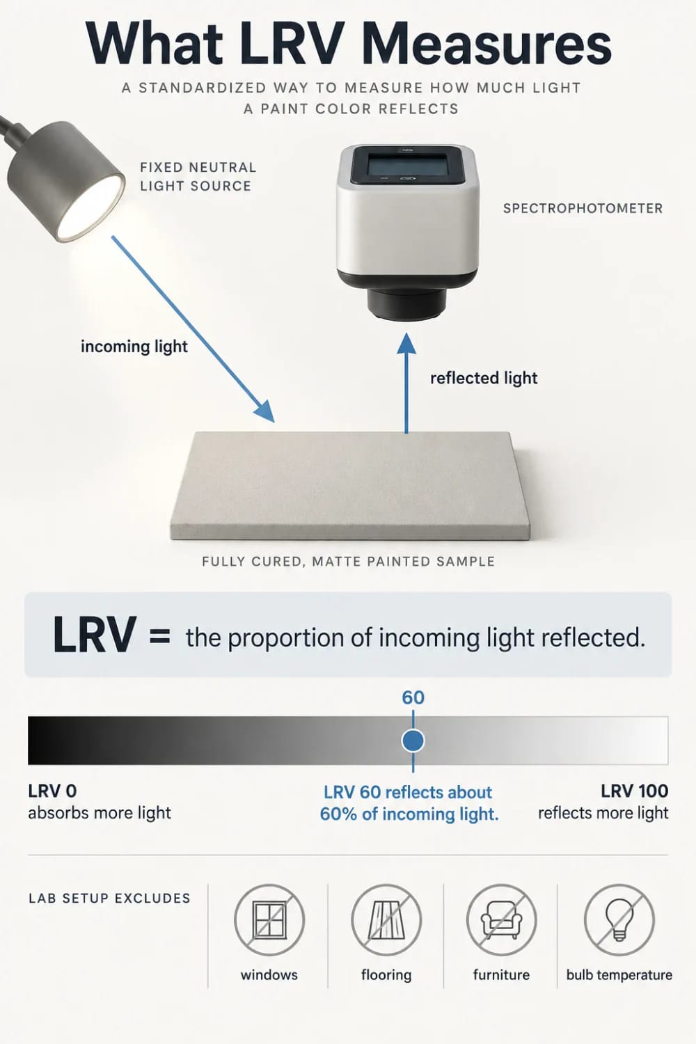 LRV Explained: How Paint Reflects Light Infographic explaining LRV as the proportion of incoming light reflected by a fully cured matte painted sample, measured with a fixed neutral light source and spectrophotometer. An LRV 0–100 scale shows LRV 60 reflecting about 60% of incoming light, while the lab setup excludes windows, flooring, furniture, and bulb temperature.