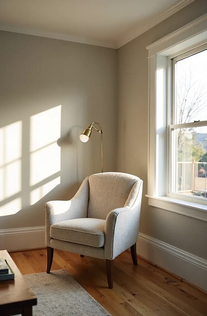 LRV Explained In A Warm Neutral Living Room Sunlight enters a warm neutral living room with an upholstered armchair, brass floor lamp, large window, wood floor, and area rug, illustrating the middle 45 to 65 LRV range in a home