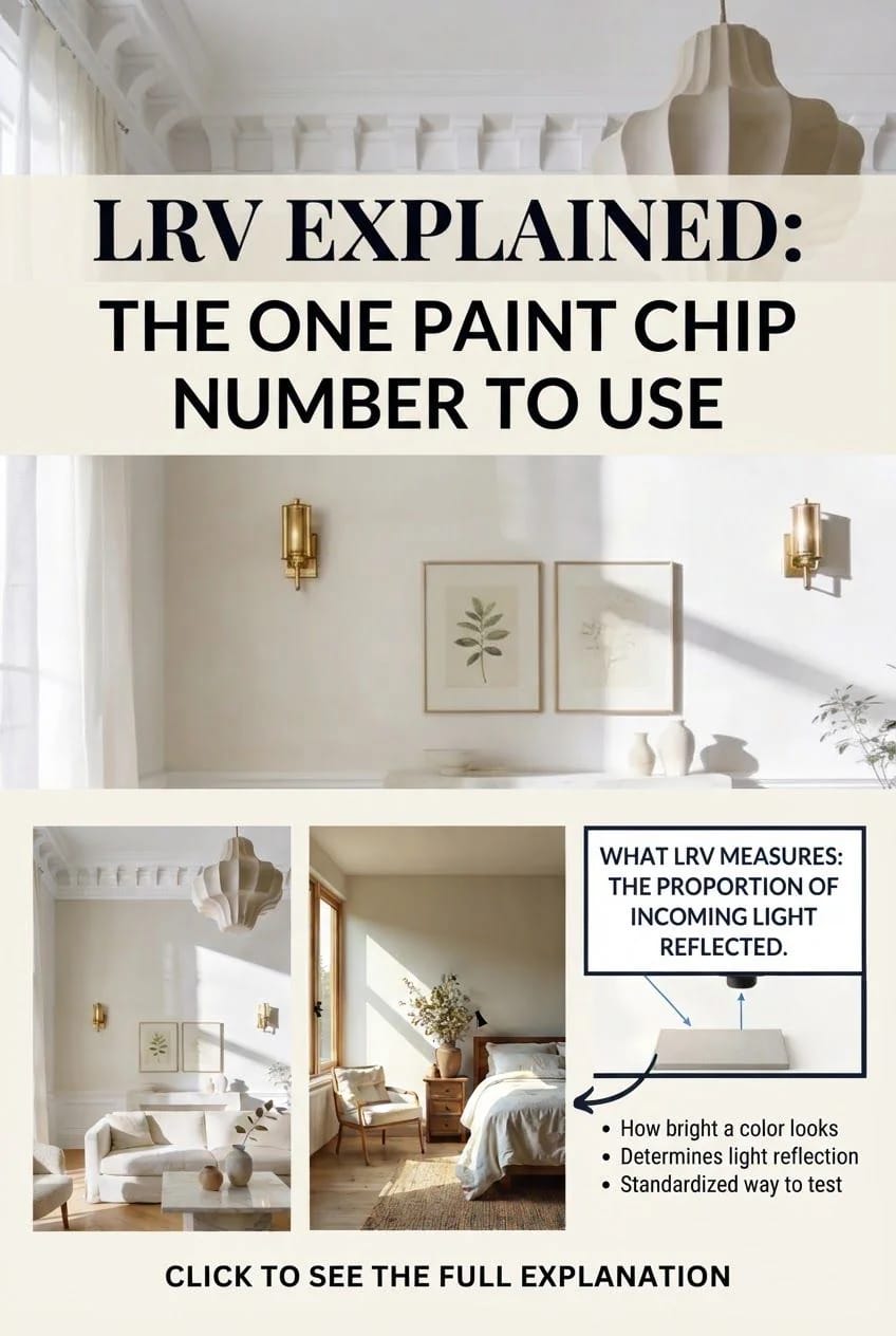 LRV Explained In Bright Interior Spaces Graphic titled “LRV Explained: The One Paint Chip Number to Use” shows bright white and neutral interior rooms, framed artwork, lighting fixtures, and a diagram explaining that LRV measures the proportion of incoming light reflected.