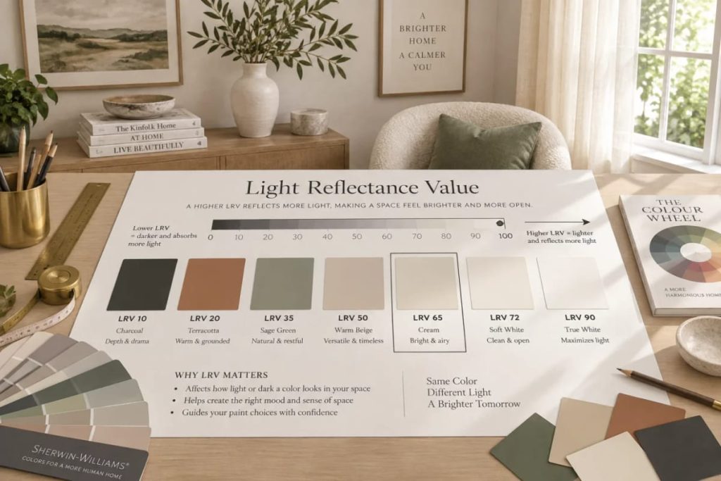 A Light Reflectance Value chart on a desk displays paint samples ranging from LRV 10 charcoal to LRV 90 true white, with notes explaining that higher LRV reflects more light.