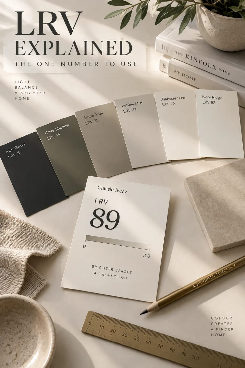 LRV Explained With Paint Color Swatches LRV Explained graphic showing paint swatches ranging from Iron Grove LRV 6 to Ivory Ridge LRV 92, a Classic Ivory LRV 89 card with a 0–100 scale, ruler, pencil, books, plant, and neutral home decor