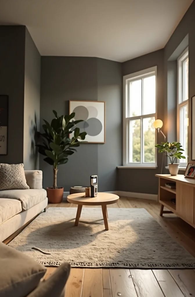 LRV Guide For Dark Room Paint Colors Dark living room with charcoal-gray walls, large windows, a light sofa, coffee table, plants, and sunlight across a rug, illustrating how LRV affects dark rooms