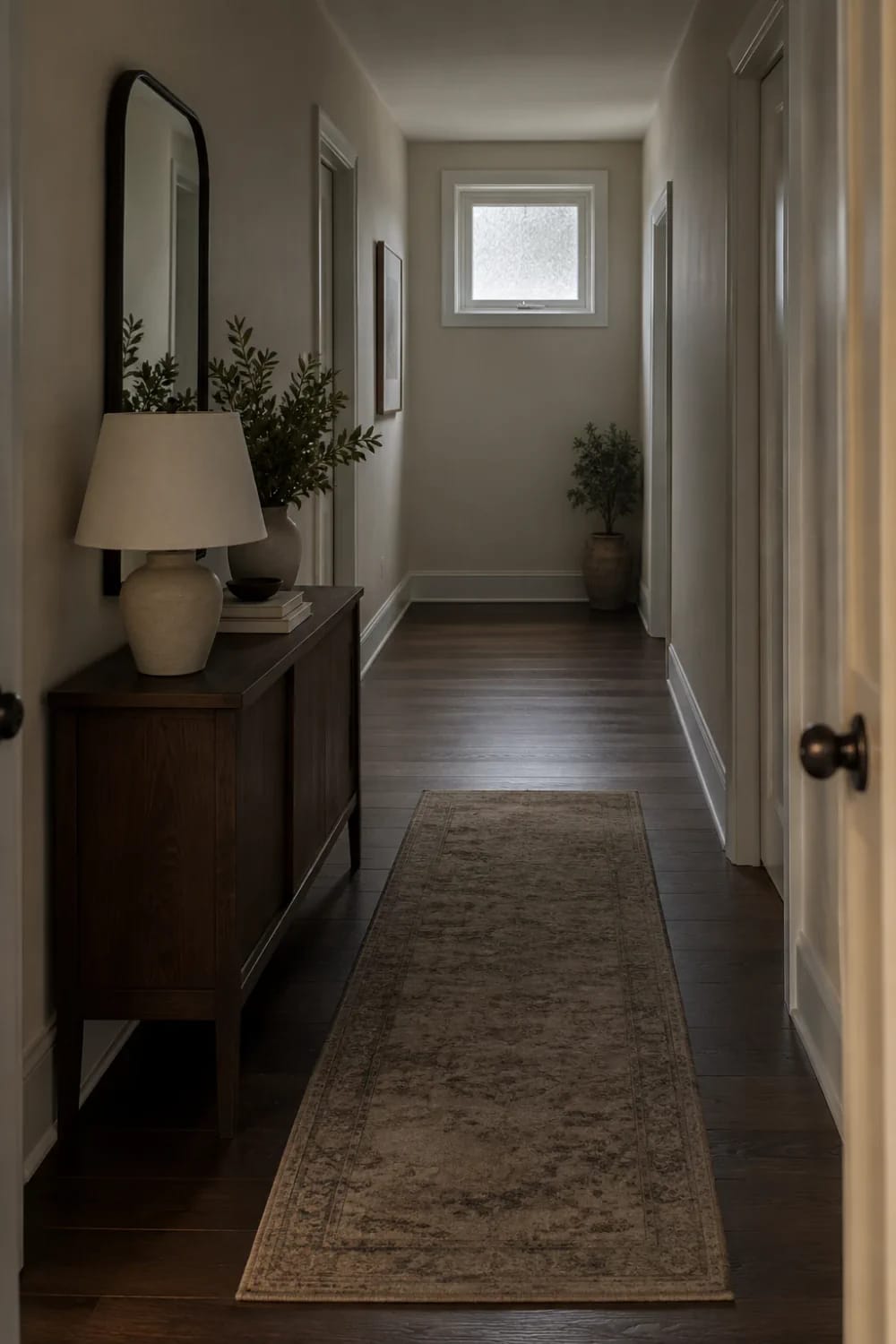 LRV Paint Choices For A Dark Hallway A dim hallway with taupe-painted walls, dark wood flooring, a long patterned runner, a console table with a lamp and plants, and a small frosted window, illustrating LRV considerations for dark rooms