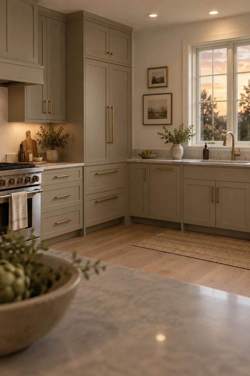 LRV Paint Choices For Warm Kitchen Cabinets Warm-toned kitchen with taupe cabinets, brass hardware, a marble countertop, stainless steel range, sink beneath a window, framed artwork, and recessed lighting illustrating LRV paint choices for cabinets, trim, and ceilings