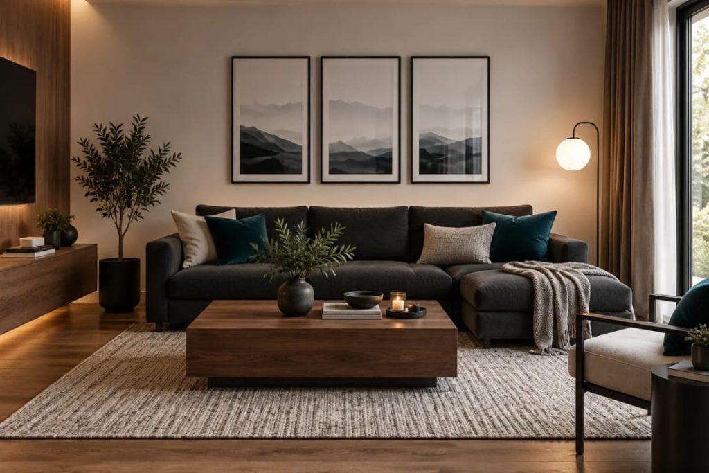 Modern apartment living room featuring warm neutral walls, walnut wood flooring and coffee table, a dark sofa, deep teal accent pillows, framed mountain artwork, and soft lighting