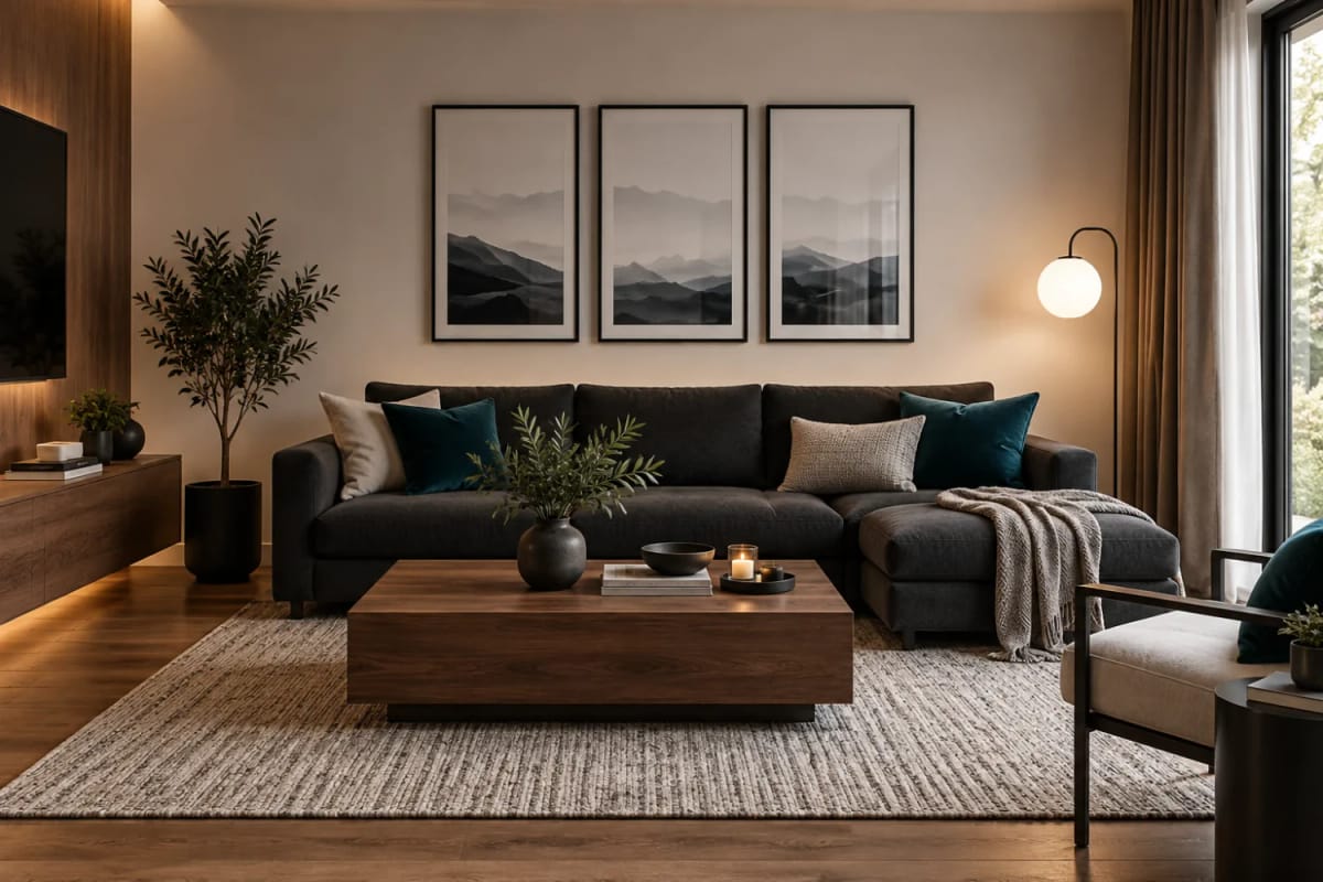A Modern Apartment Color Palette: Warm Neutrals, Walnut, and One Deep Teal 1 Modern apartment living room featuring warm neutral walls, walnut wood flooring and coffee table, a dark sofa, deep teal accent pillows, framed mountain artwork, and soft lighting