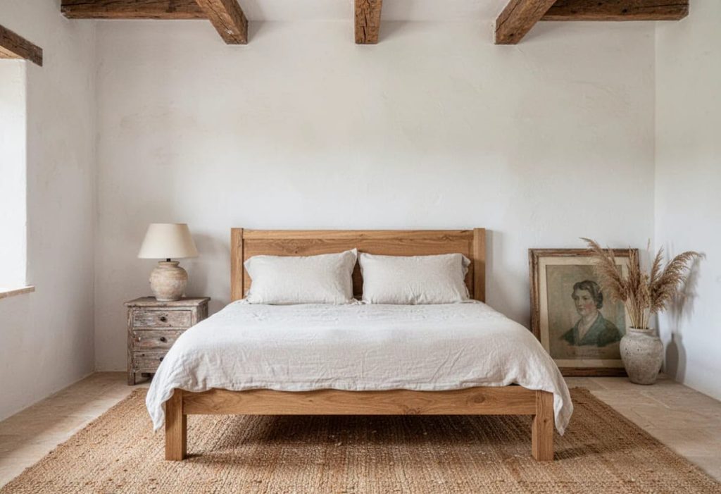 Modern farmhouse bedroom for a rental with a wooden bed, white bedding, exposed ceiling beams, a distressed nightstand and lamp, framed portrait, dried grasses, and a woven rug